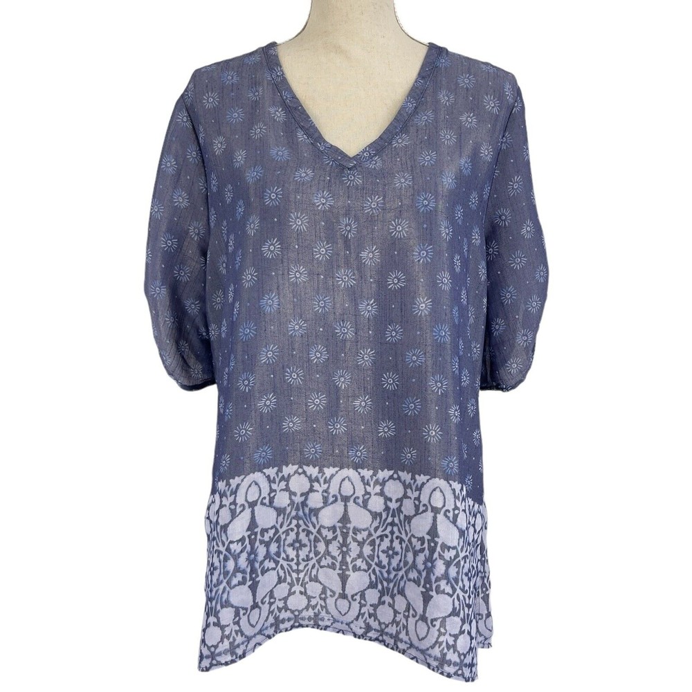 C Est 1946 Tunic Top Womens V Neck Pullover Semi Sheer Roll Tab Short Sleeve L